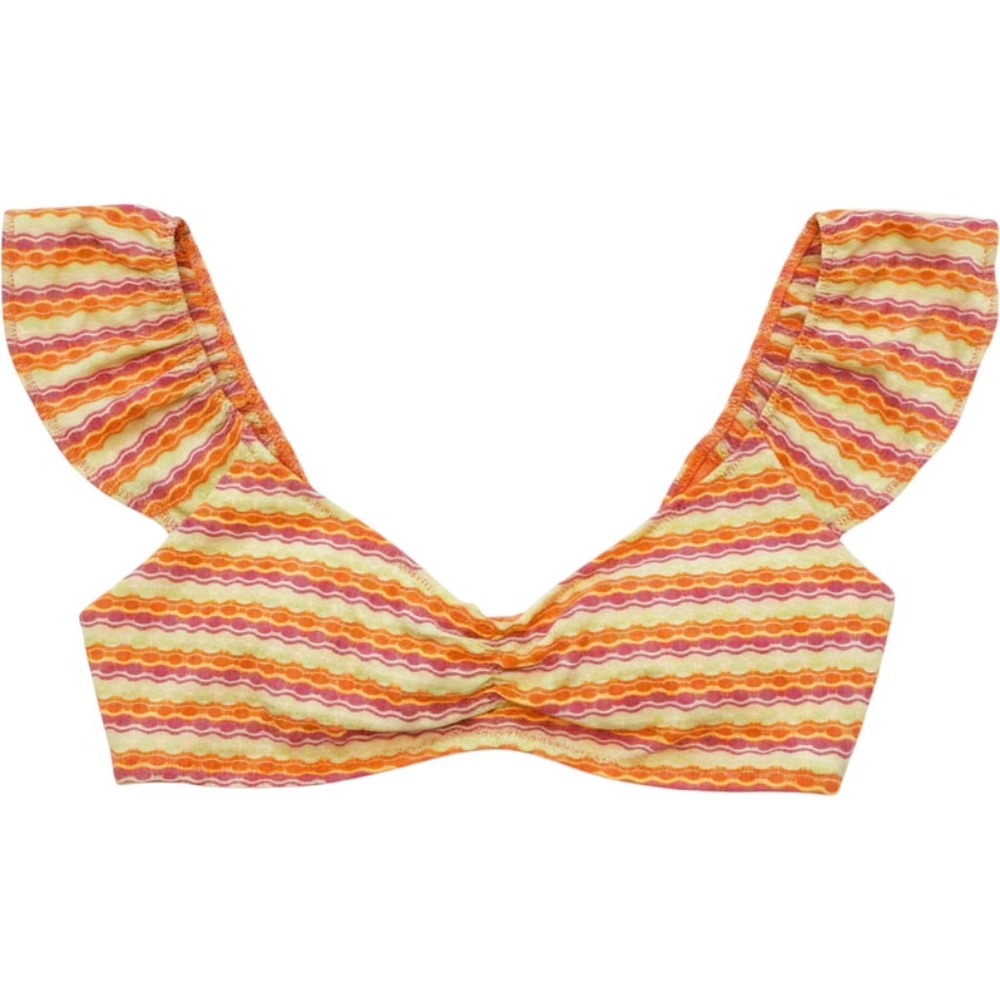 Aerie Real Orange Pink Striped Flutter‎ Sleeve Tie Back Bikini Top Large